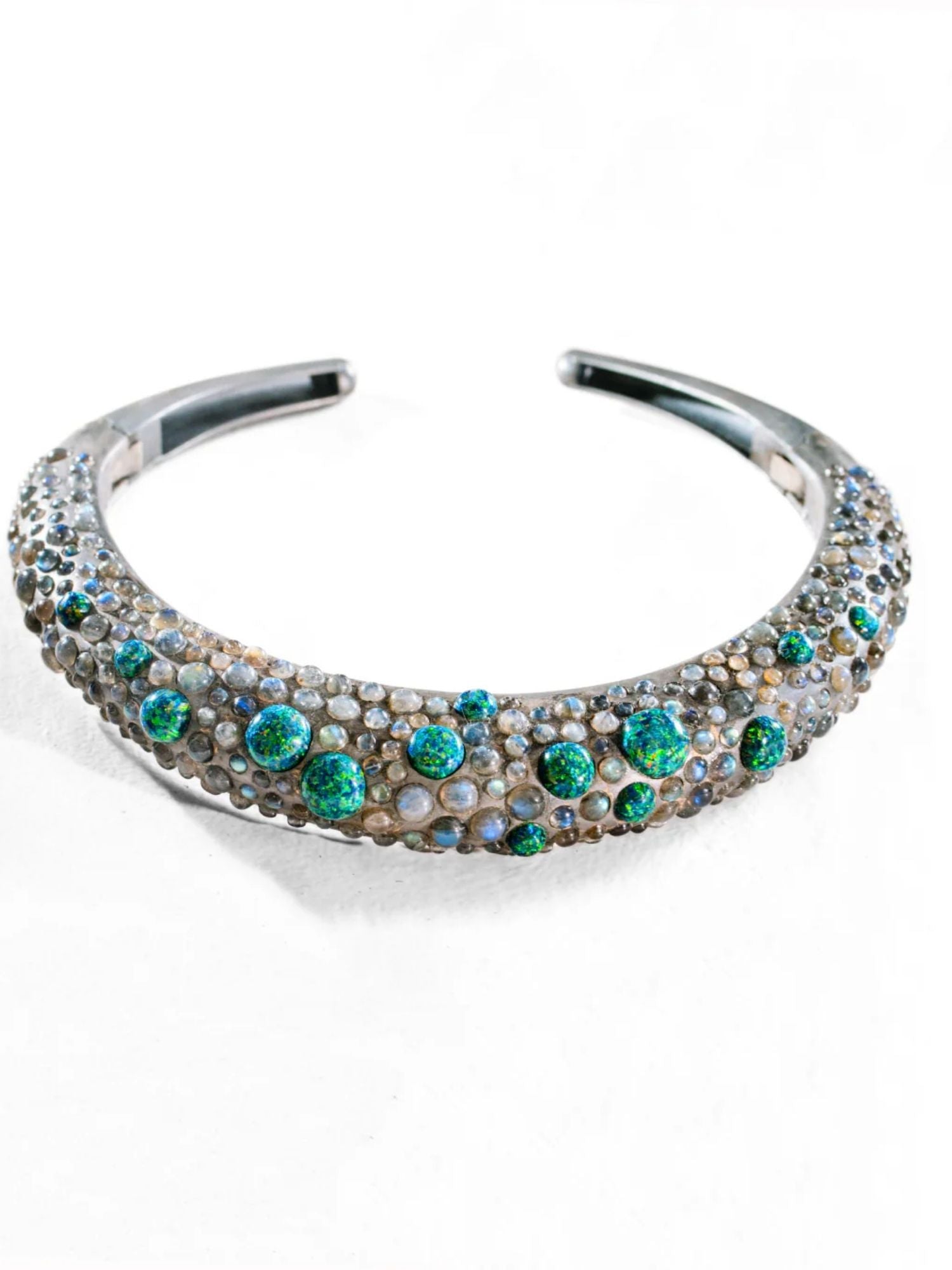Oxidised silver hasli necklace with green fire opal and labradorite stones