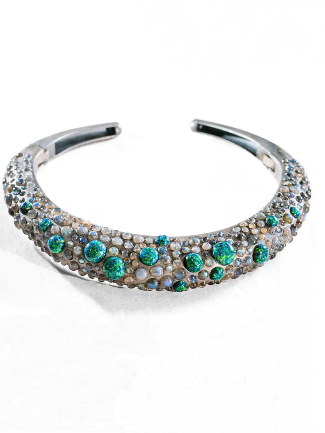 Oxidised silver hasli necklace with green fire opal and labradorite stones