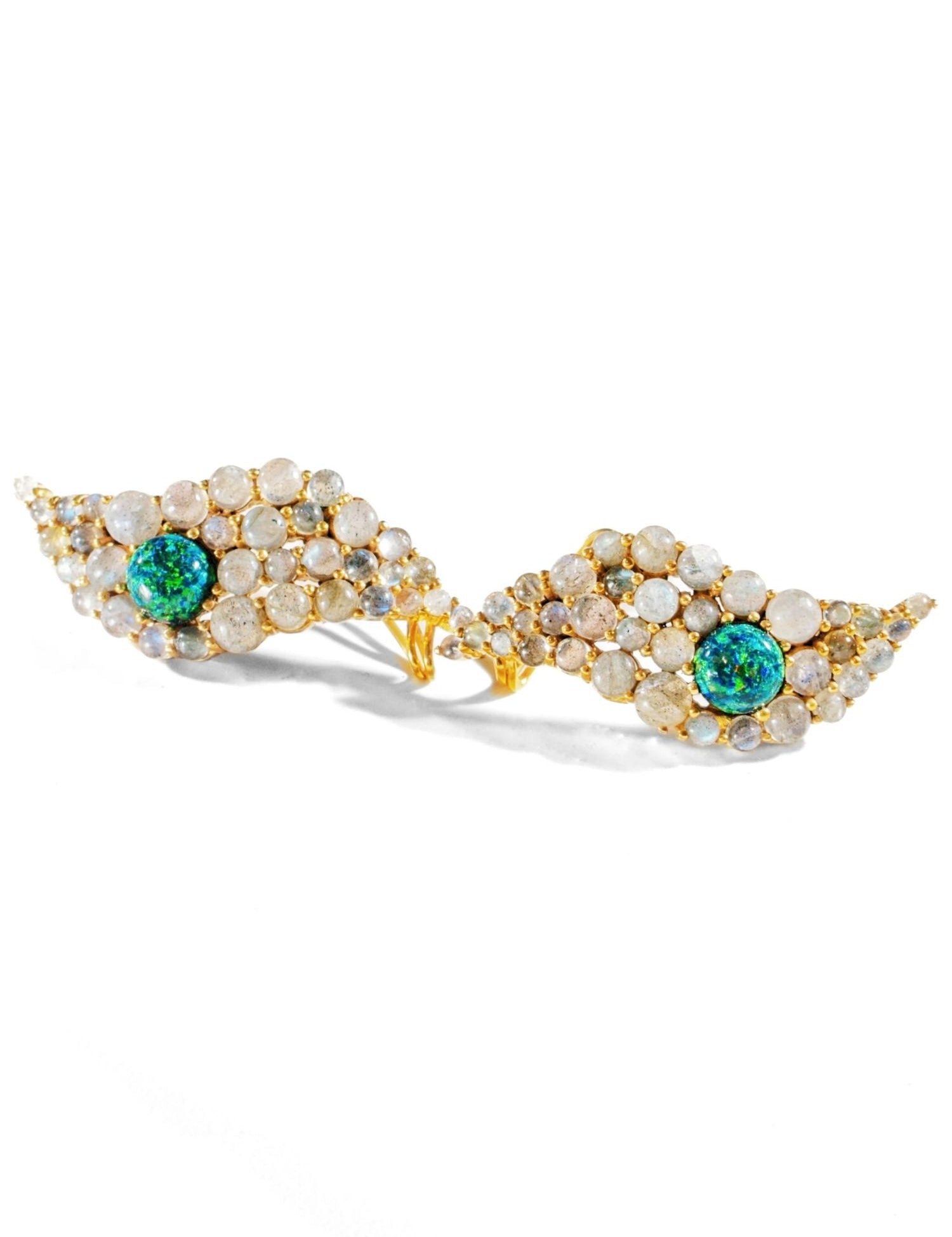 Pair of green opal wave ear cuffs showing labradorite and opal stone layout