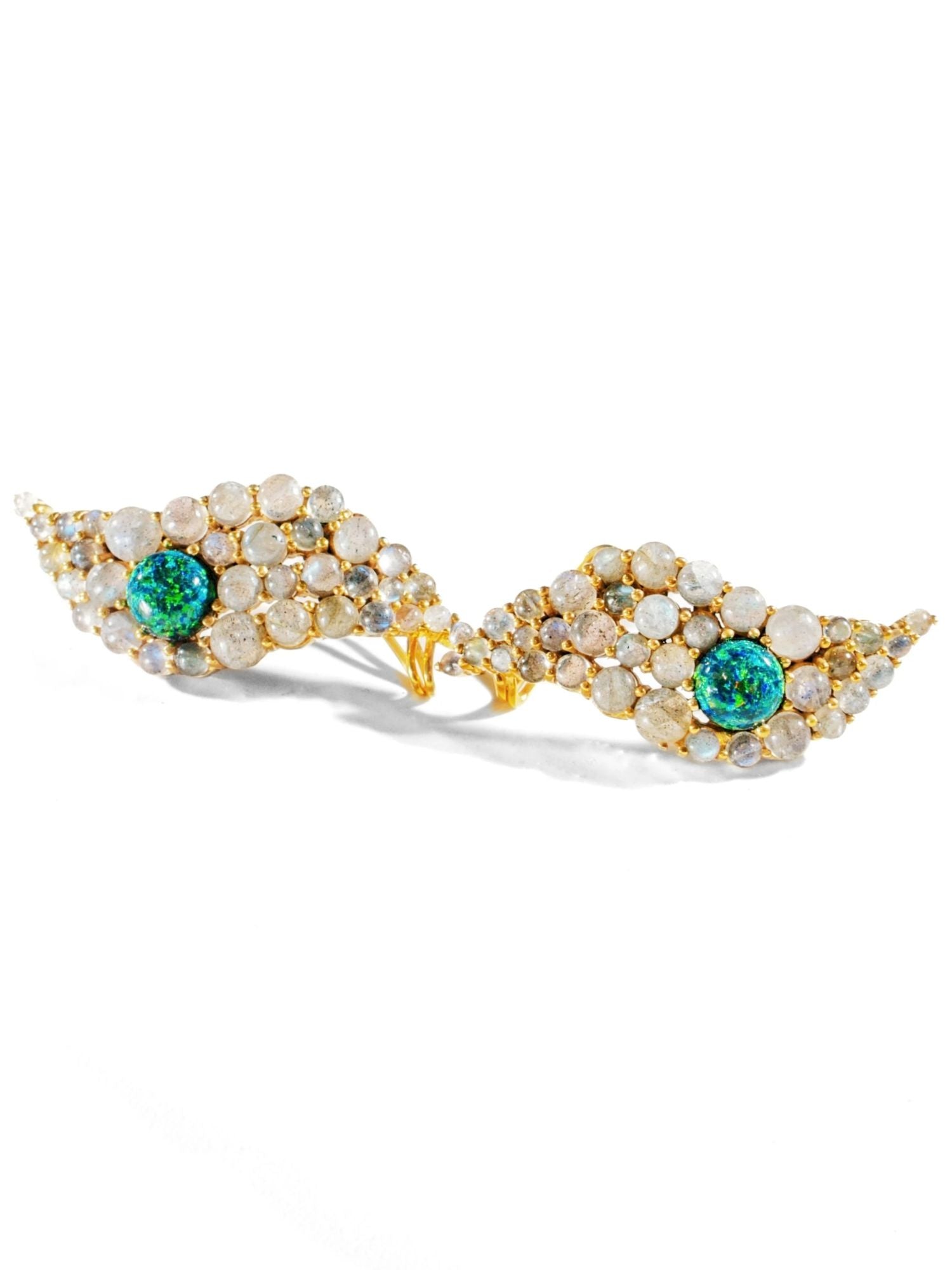 Pair of green opal wave ear cuffs showing labradorite and opal stone layout