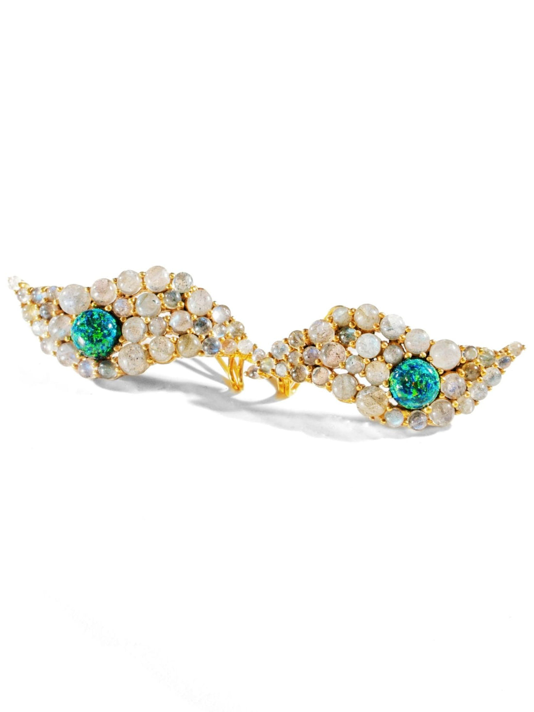 Pair of green opal wave ear cuffs showing labradorite and opal stone layout