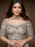 Model wearing silver Irodori flower motif choker earrings with zircon centres, warm brown-toned portrait
