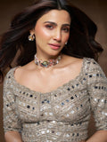 Model wearing silver Irodori flower motif choker earrings with zircon centres, portrait