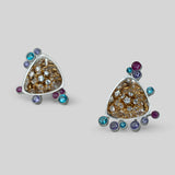 Angled product shot of Irodori Choker Earrings showing teal and purple zircon surround and silver mirror finish.