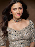 Model wearing sculptural silver Irodori flower motif choker with zircon centres at collarbone