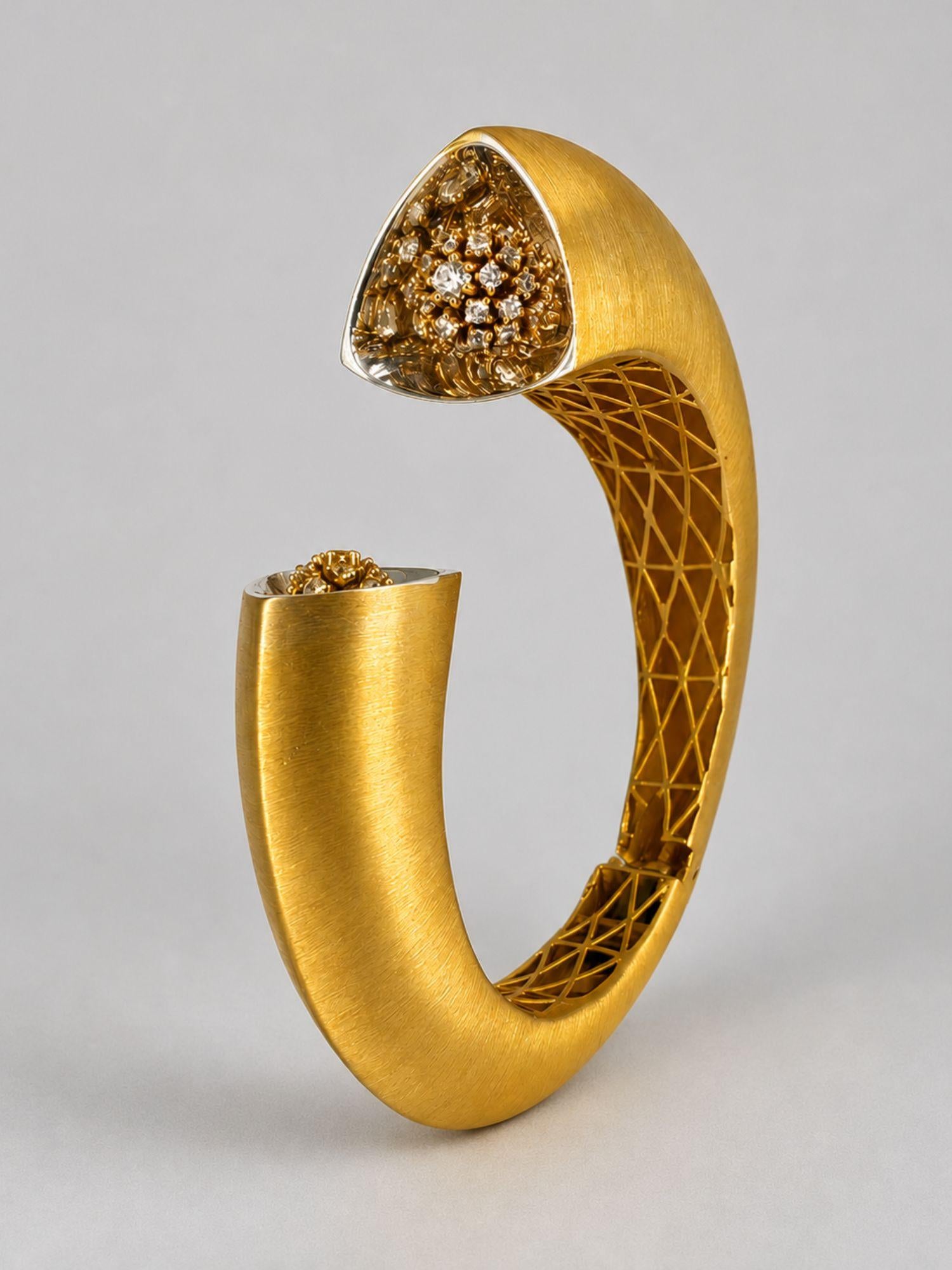 Side profile of Irodori Double Motif Cuff in 24k gold showing sculptural open form and CZ flower tip.