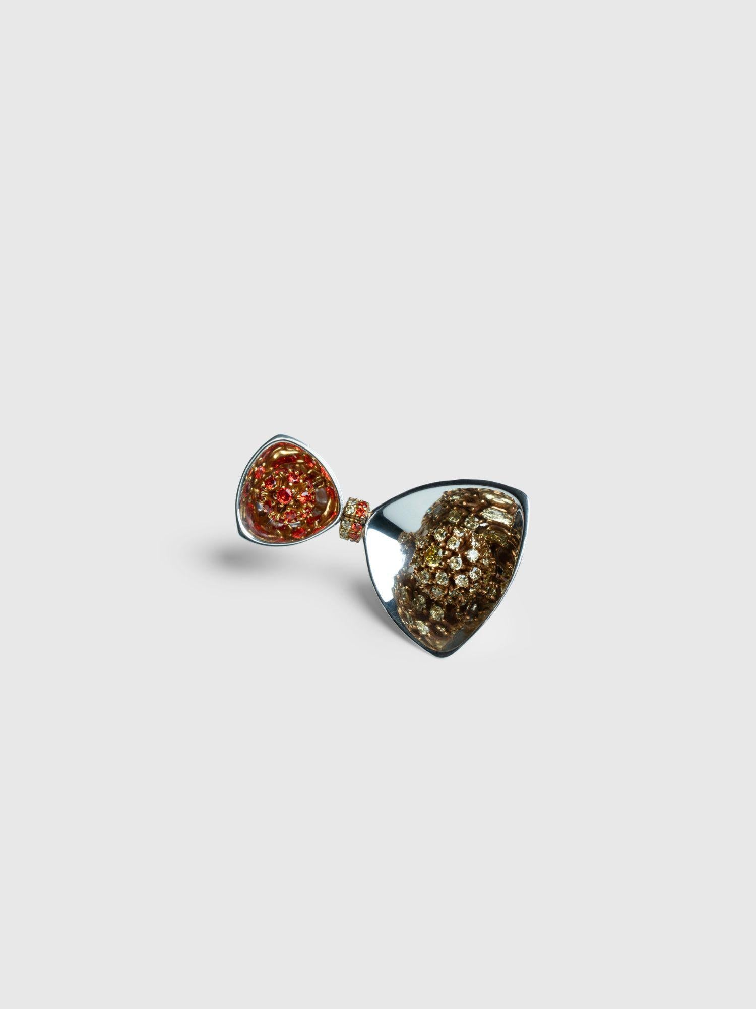 Single Irodori large drop earring in silver showing amber zircon stud and hanging triangular form.