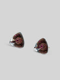 Angled product shot of Irodori small pink zircon triangular stud earrings in polished silver setting.