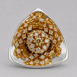 Close detail of MHARI Irodori Large statement earring, dense amber zircon kaleidoscope motif on 925 silver
