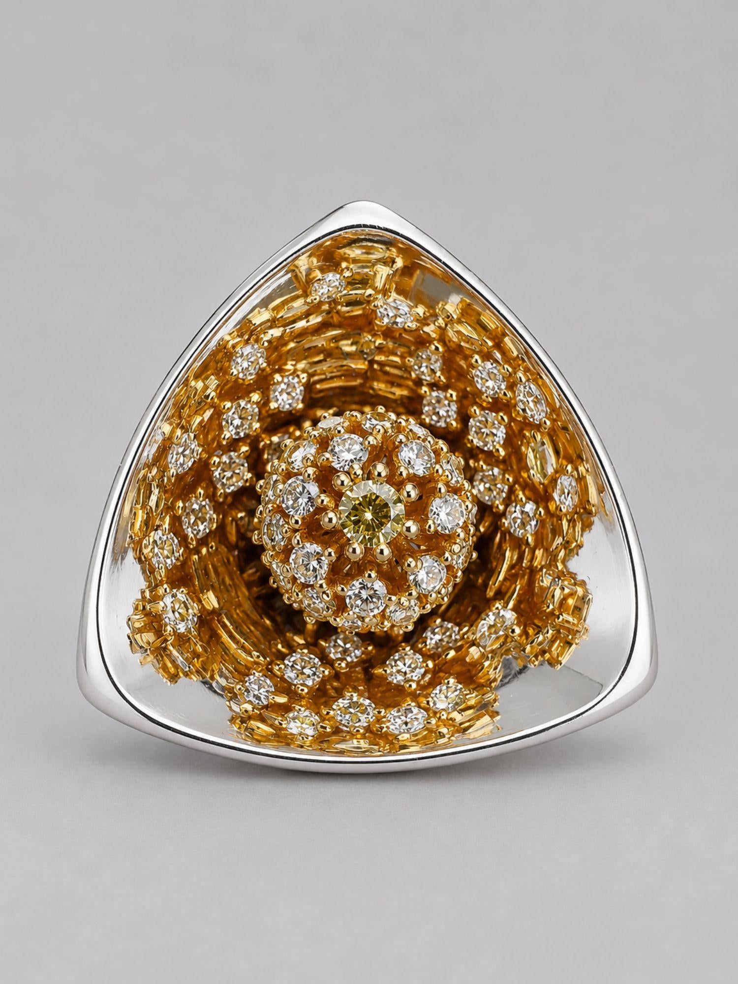 Close detail of MHARI Irodori Large statement earring, dense amber zircon kaleidoscope motif on 925 silver