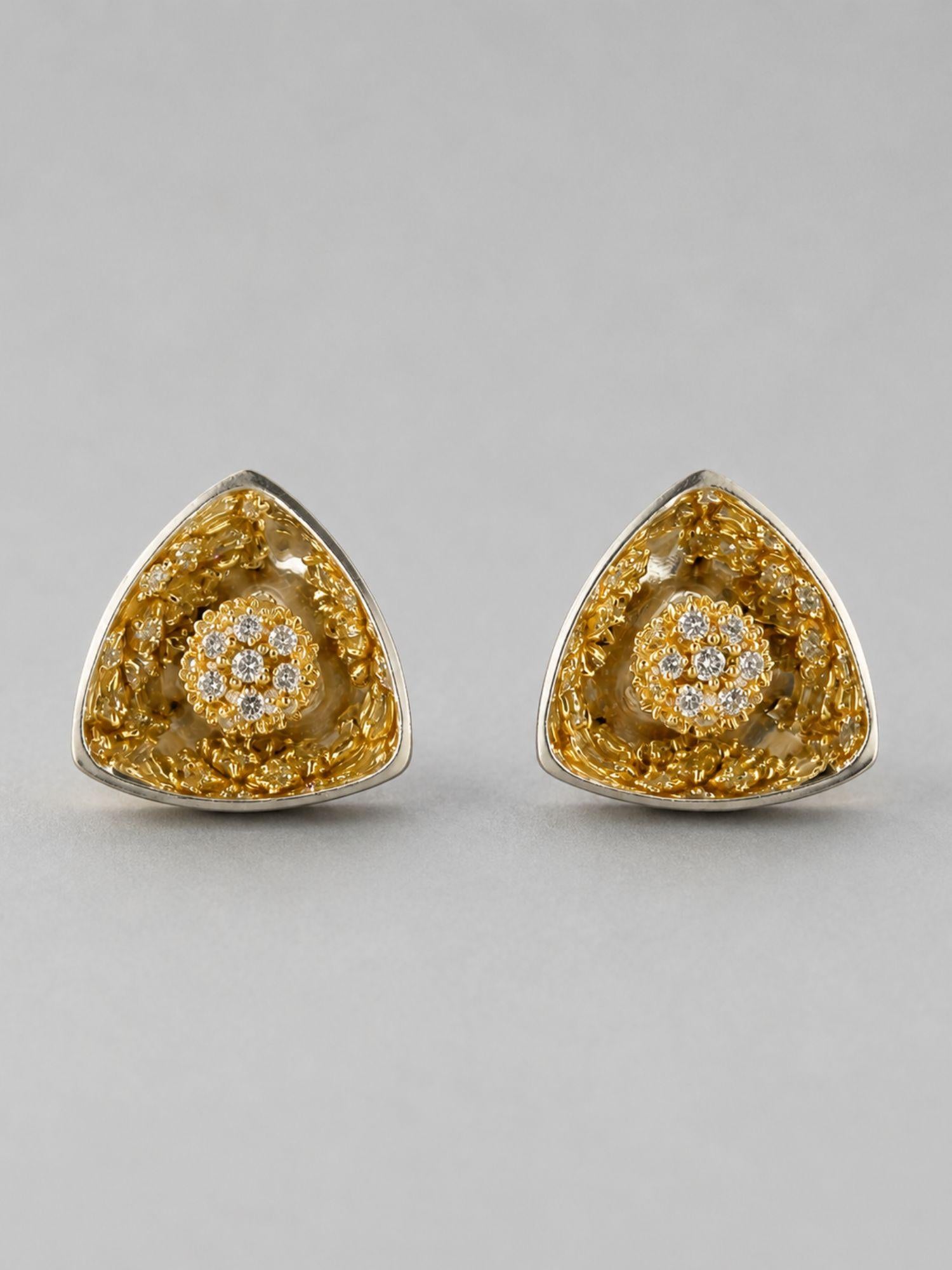 MHARI Irodori Medium gold zircon statement earrings in mirror-polished 925 silver, front view