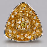 MHARI Irodori Medium statement earring detail, gold zircon kaleidoscope motif on mirror-polished 925 silver