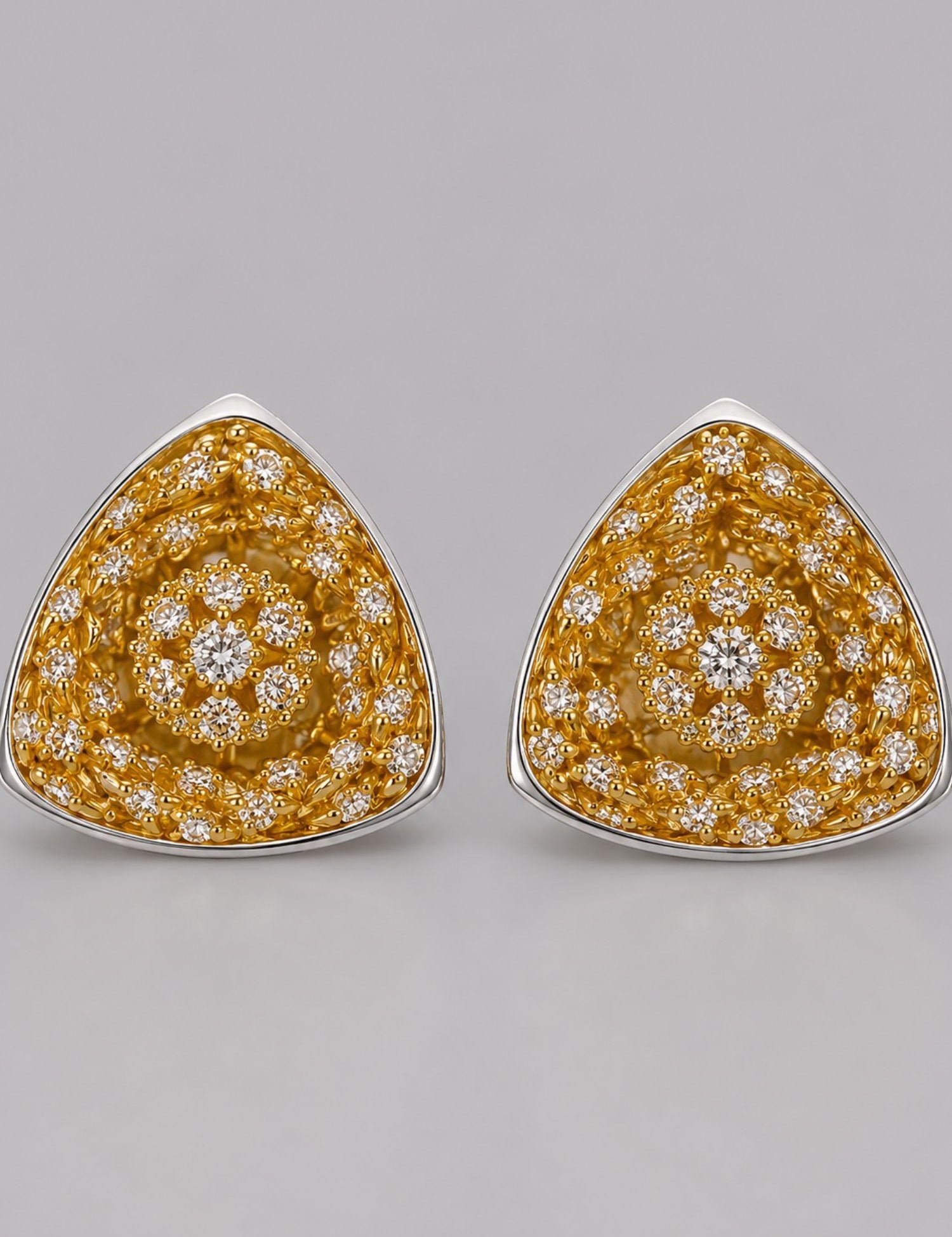 MHARI Irodori Medium statement earrings, gold zircon kaleidoscope on mirror-polished 925 silver, pair