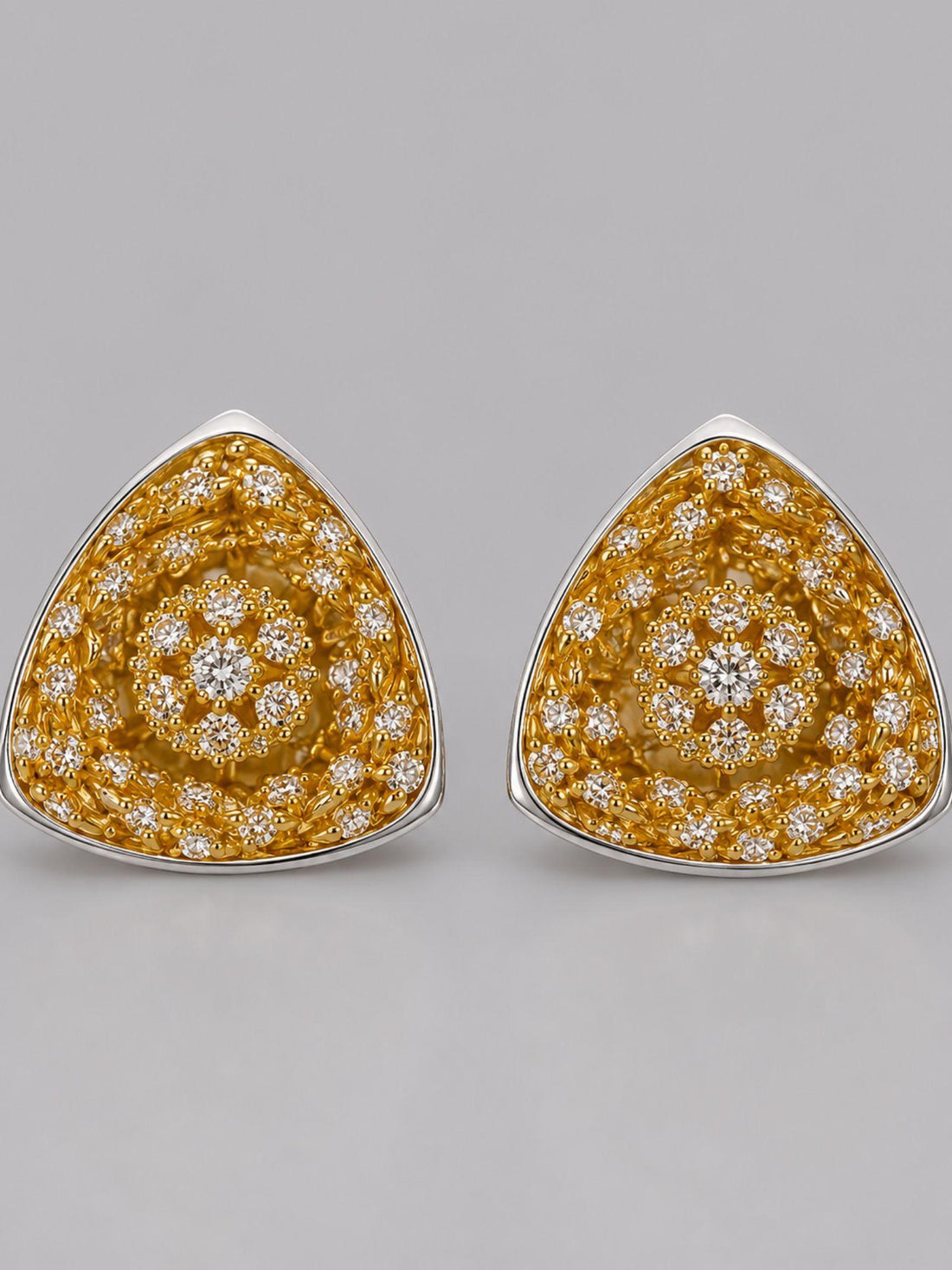MHARI Irodori Medium statement earrings, gold zircon kaleidoscope on mirror-polished 925 silver, pair
