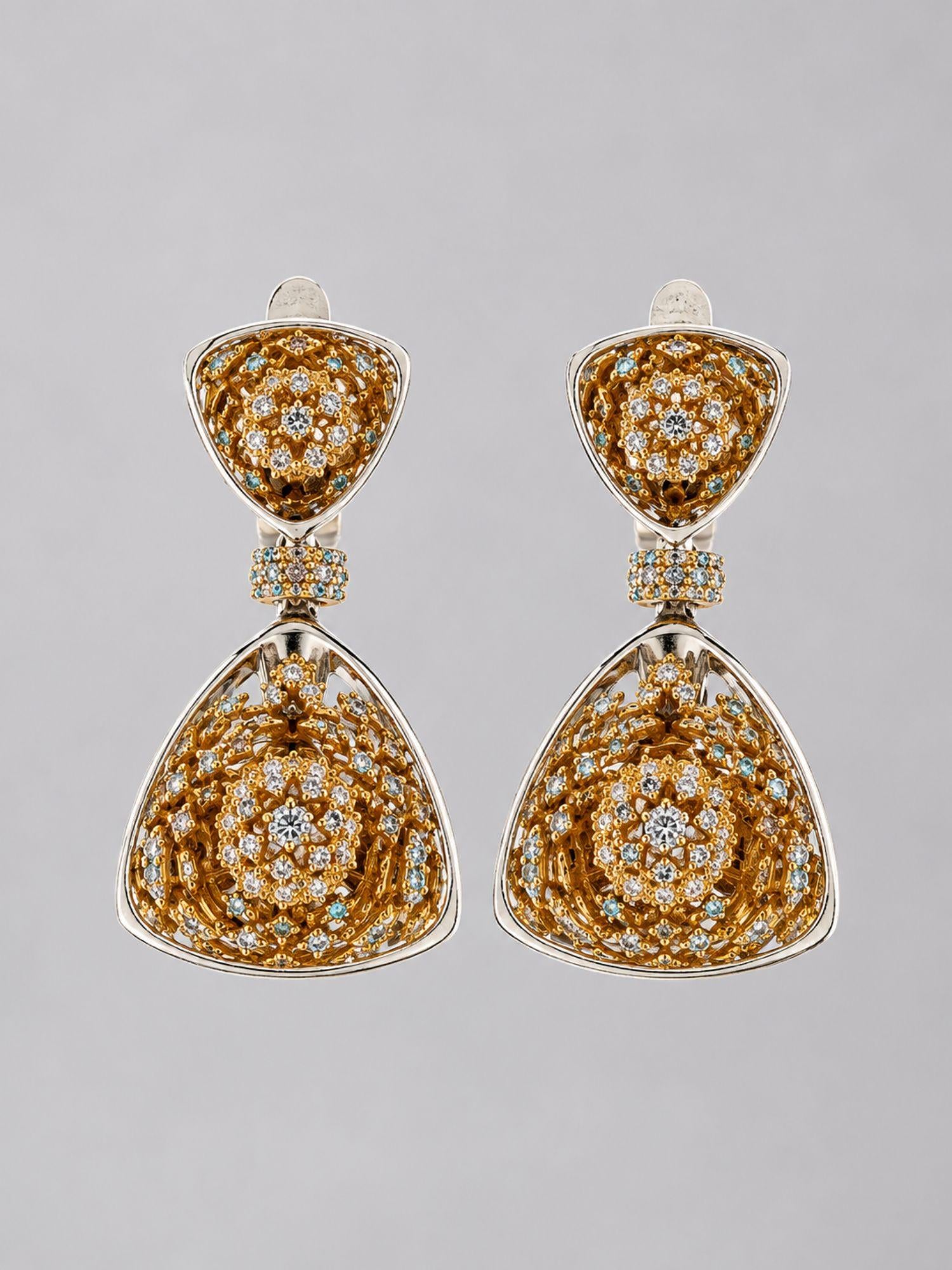MHARI Irodori Mix drop statement earrings in gold zircon kaleidoscope on mirror-polished 925 silver