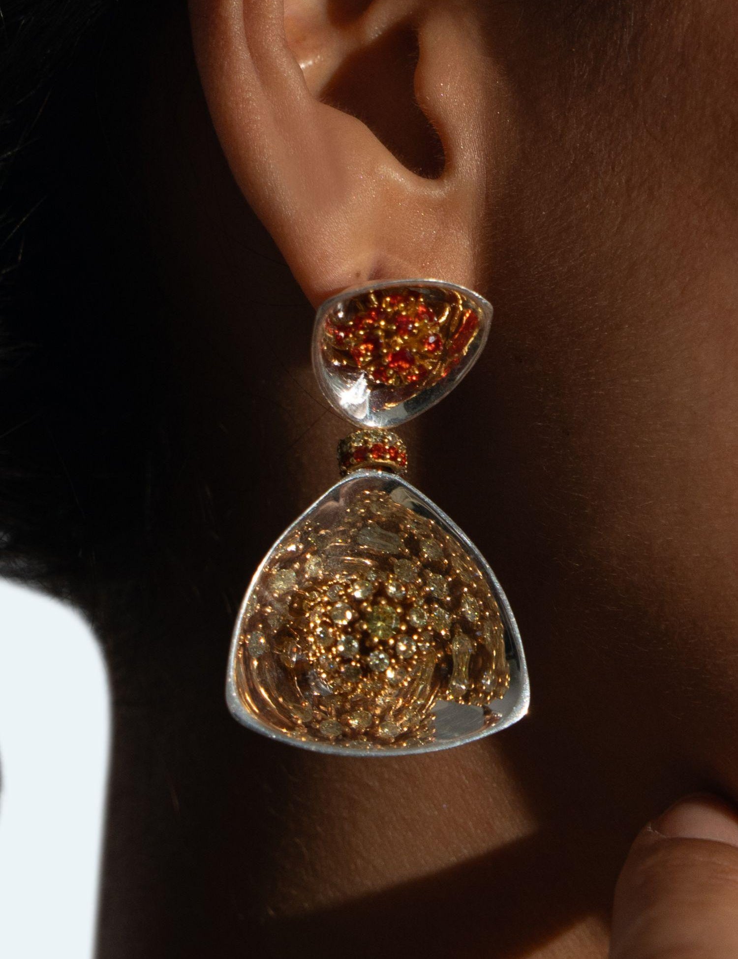 MHARI Irodori Mix orange zircon drop statement earring worn on ear, mirror-polished 925 silver