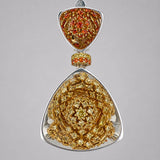 MHARI Irodori Mix statement earrings showing orange and gold zircon scale contrast on 925 silver
