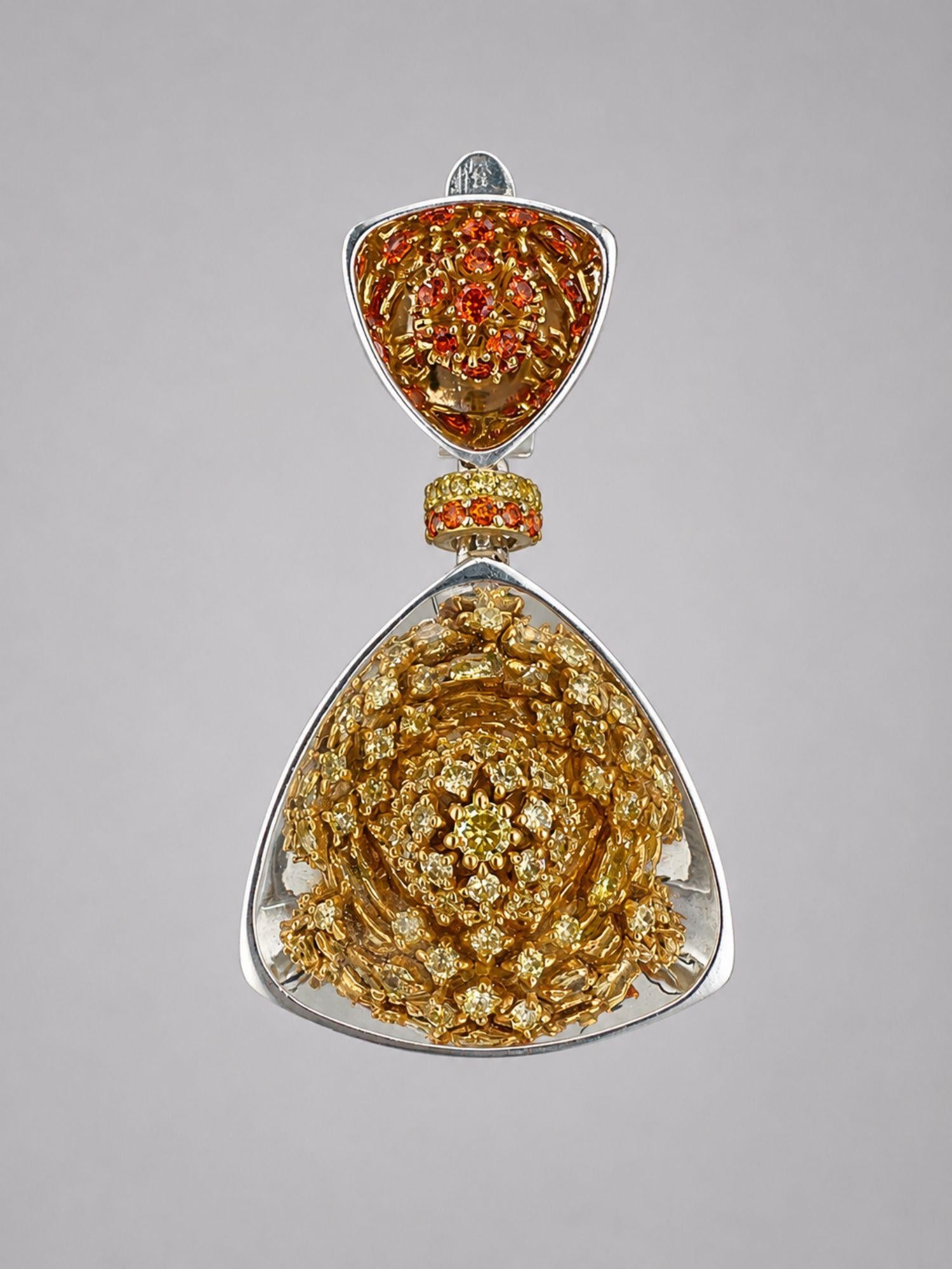 MHARI Irodori Mix statement earrings showing orange and gold zircon scale contrast on 925 silver