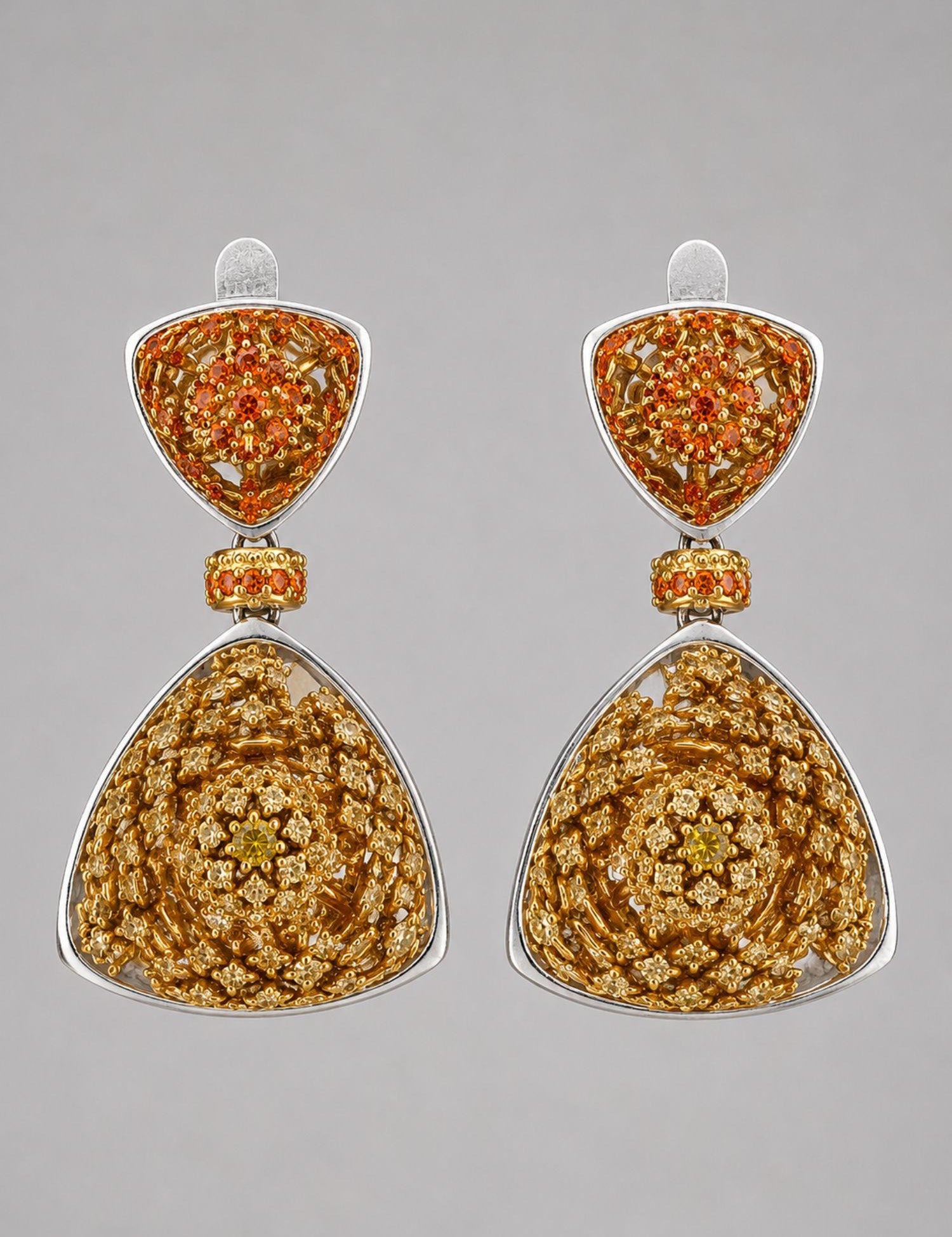 MHARI Irodori Mix drop statement earrings in orange zircon and mirror-polished 925 silver, front pair