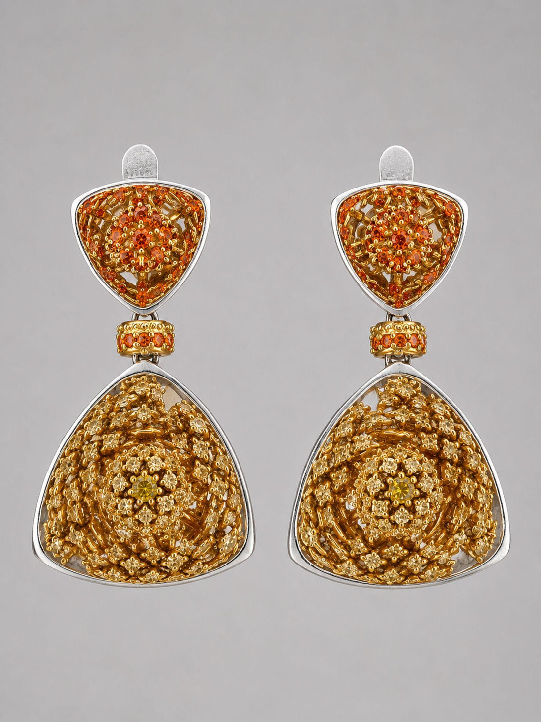 MHARI Irodori Mix drop statement earrings in orange zircon and mirror-polished 925 silver, front pair