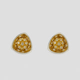 MHARI Irodori Small gold zircon statement earrings on mirror-polished 925 silver, front view