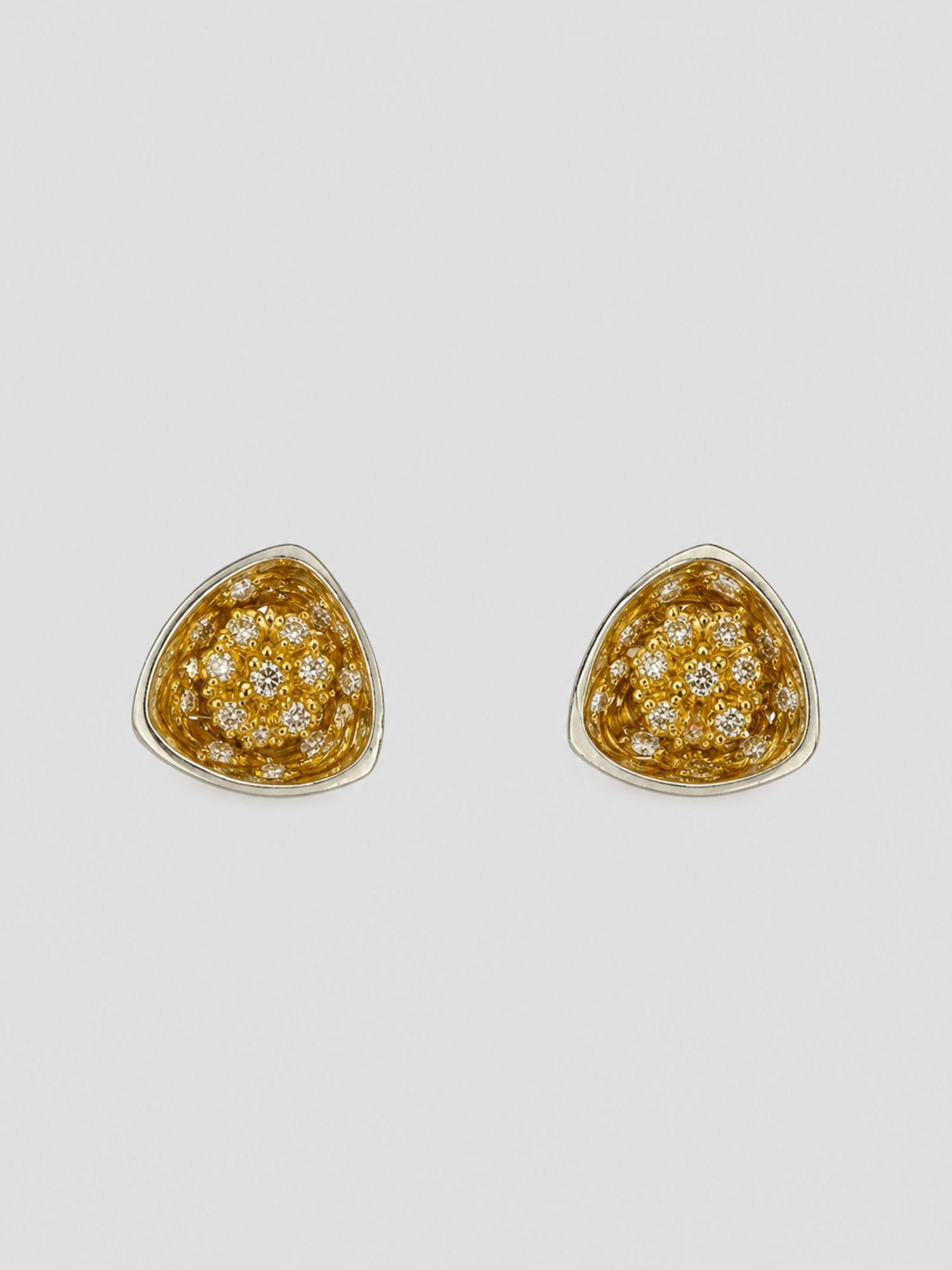 MHARI Irodori Small gold zircon statement earrings on mirror-polished 925 silver, front view