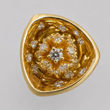 Close detail of MHARI Irodori Small statement earring, gold zircon kaleidoscope on mirror-polished 925 silver