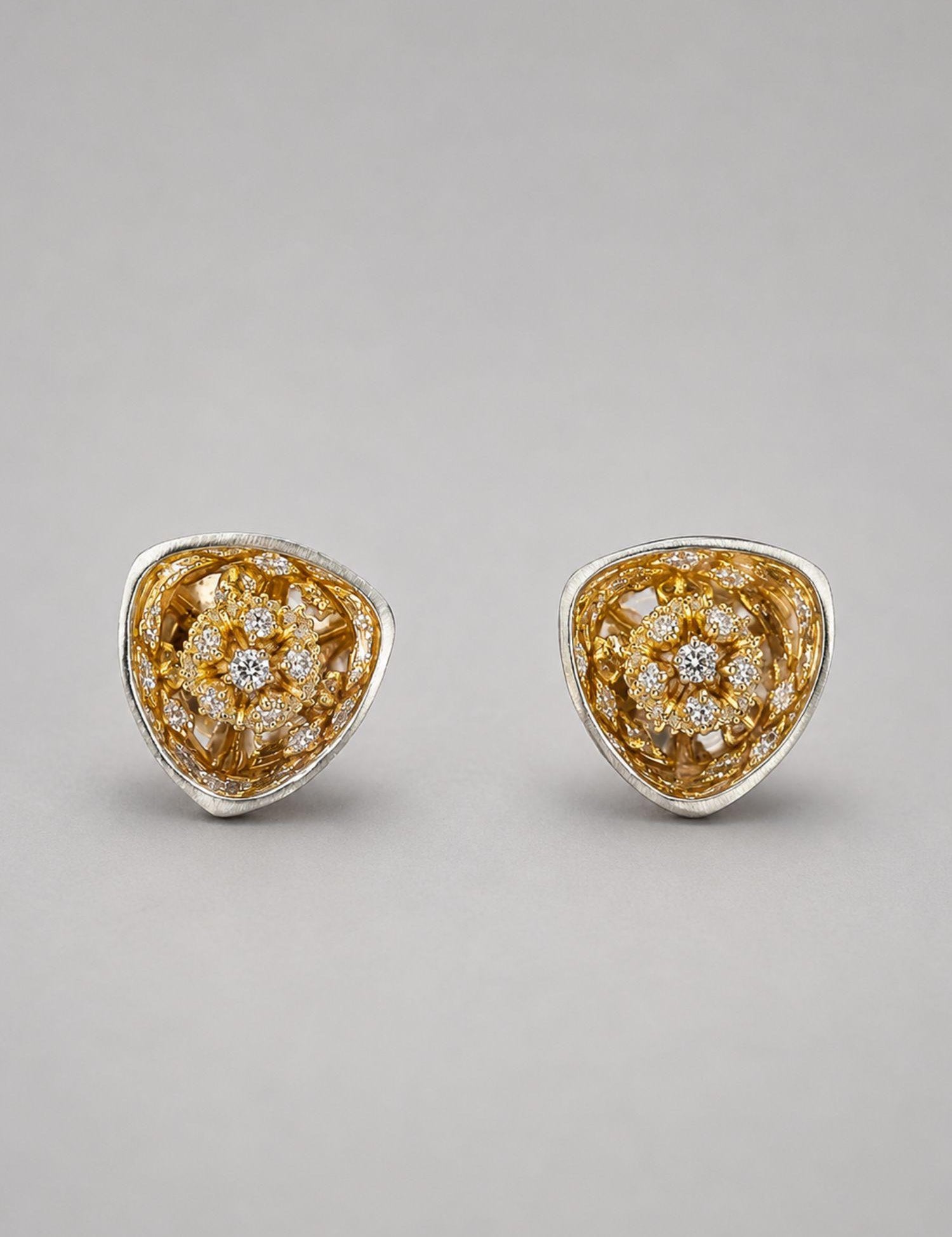MHARI Irodori Small statement earrings, gold zircon kaleidoscope on mirror-polished 925 silver, pair