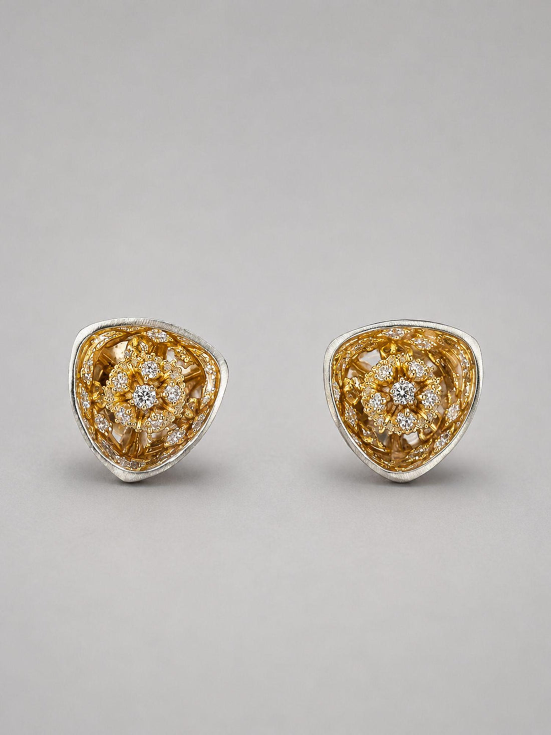 MHARI Irodori Small statement earrings, gold zircon kaleidoscope on mirror-polished 925 silver, pair