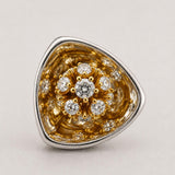 Angled close view of MHARI Irodori Small statement earring, gold zircon and 925 silver frame