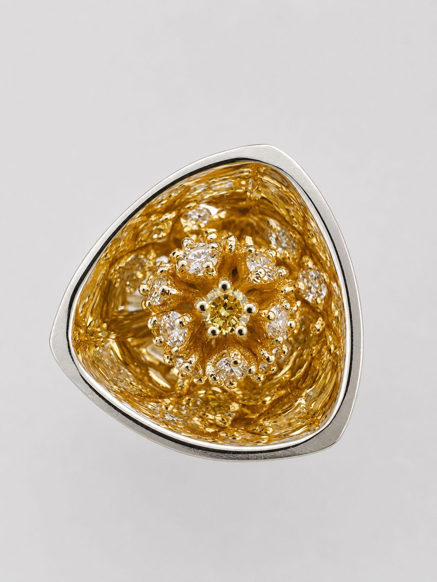 Top view of MHARI Irodori Small statement earring, dense gold zircon setting on 925 silver