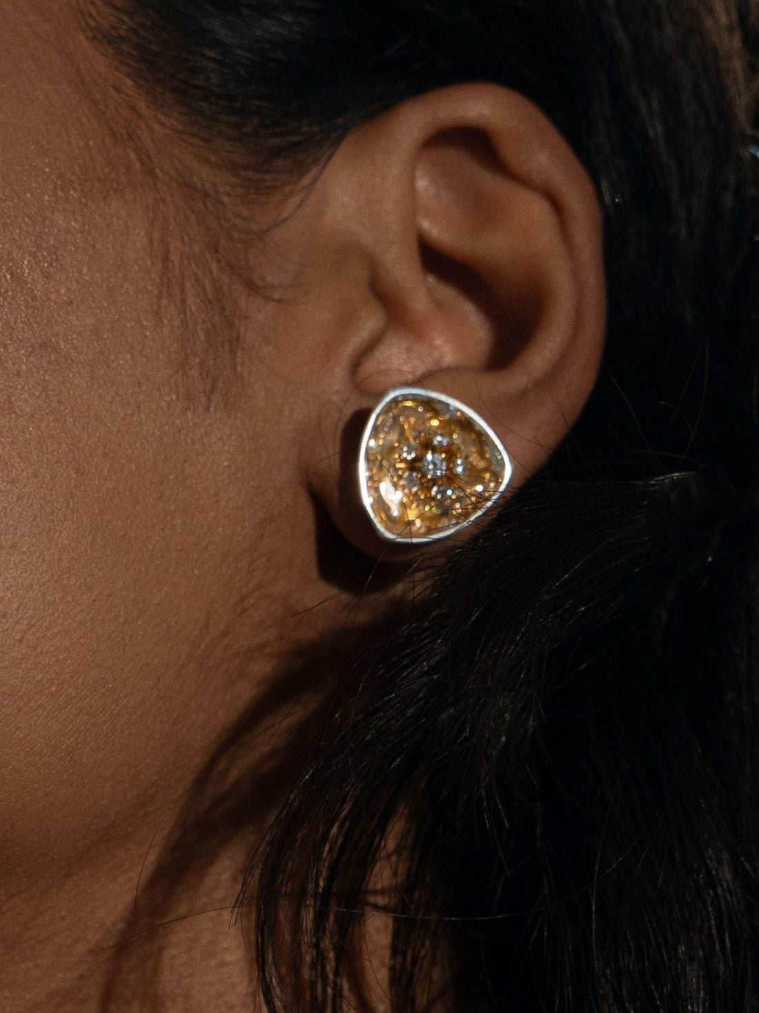 MHARI Irodori Small statement earrings, gold zircon kaleidoscope on mirror-polished 925 silver, pair