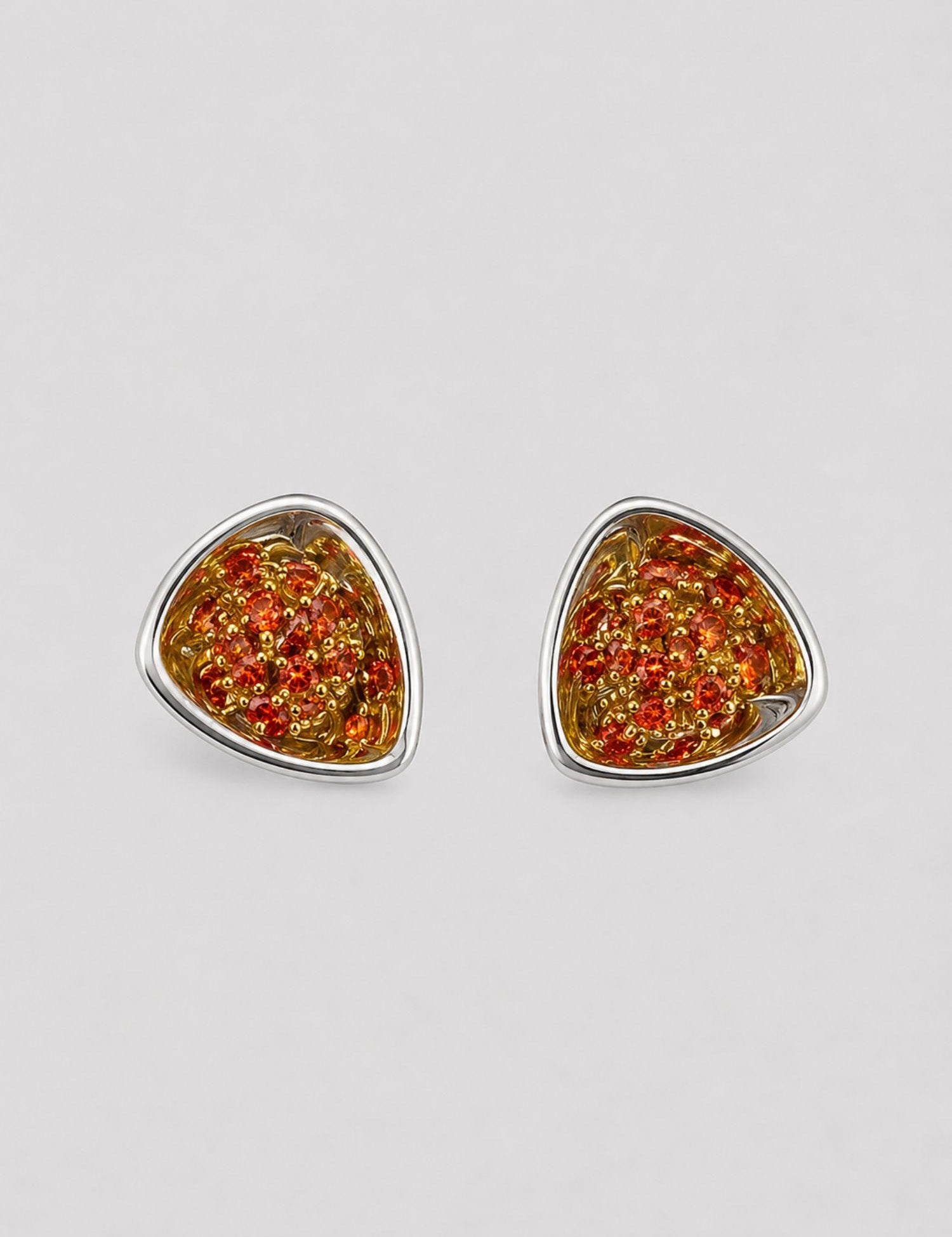 MHARI Irodori Small statement earrings showing orange and silver zircon stone options, 925 silver