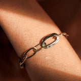 Close-up of abalone link bracelet worn on wrist in warm golden light