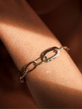 Close-up of abalone link bracelet worn on wrist in warm golden light