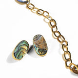 Natural abalone earrings styled next to gold link chain on white background