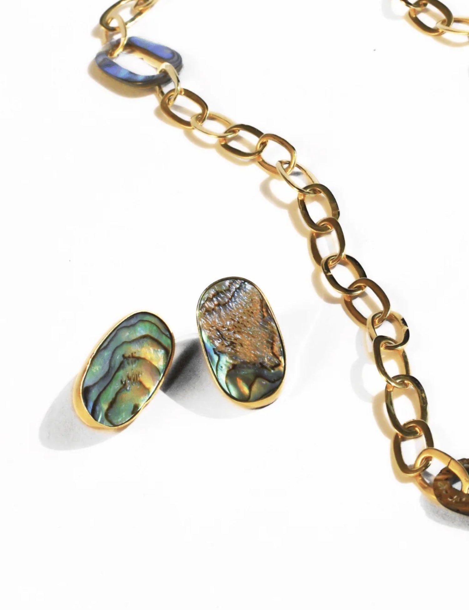 Natural abalone earrings styled next to gold link chain on white background