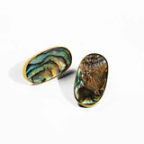 Pair of natural abalone oval earrings with gold setting on white background