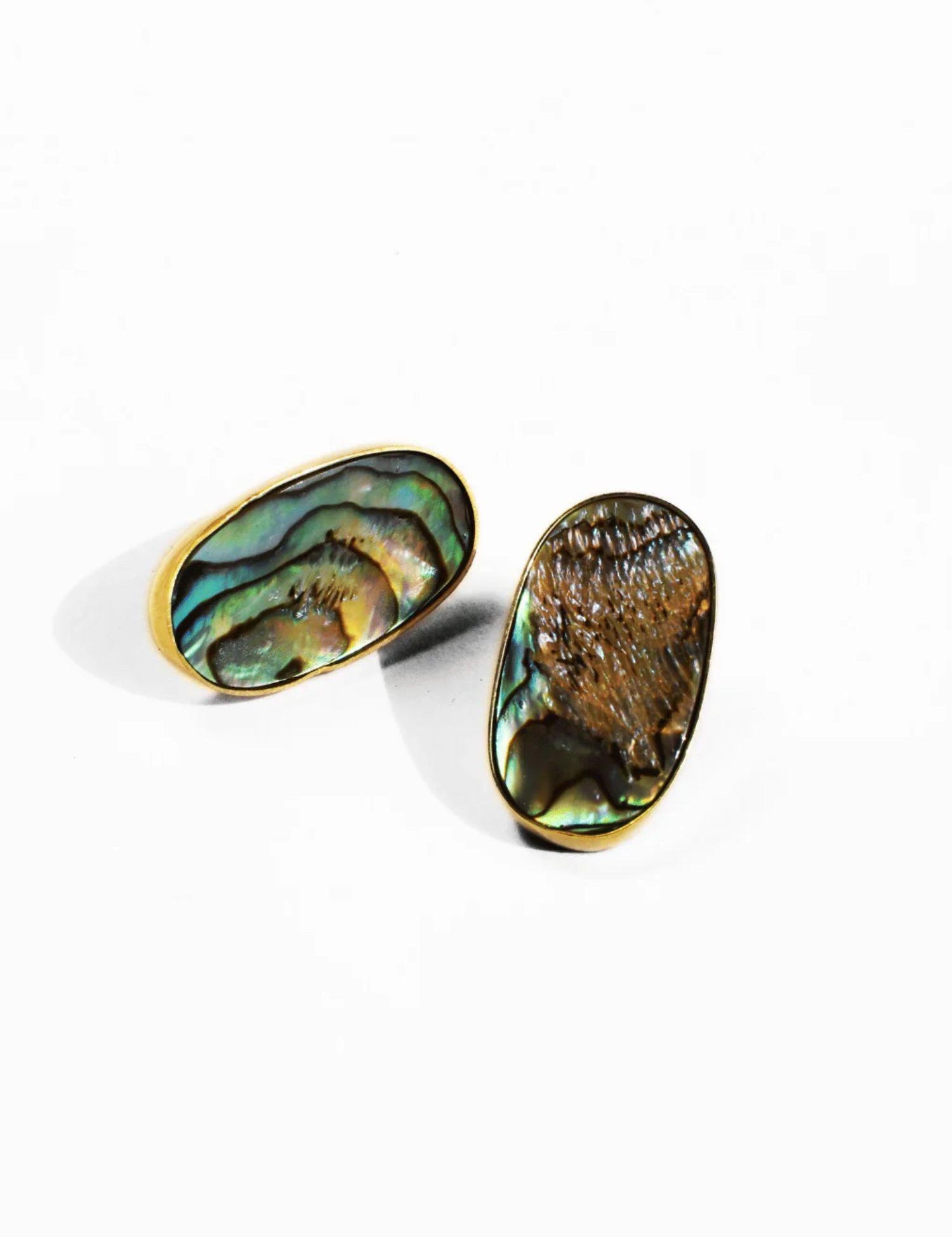 Pair of natural abalone oval earrings with gold setting on white background