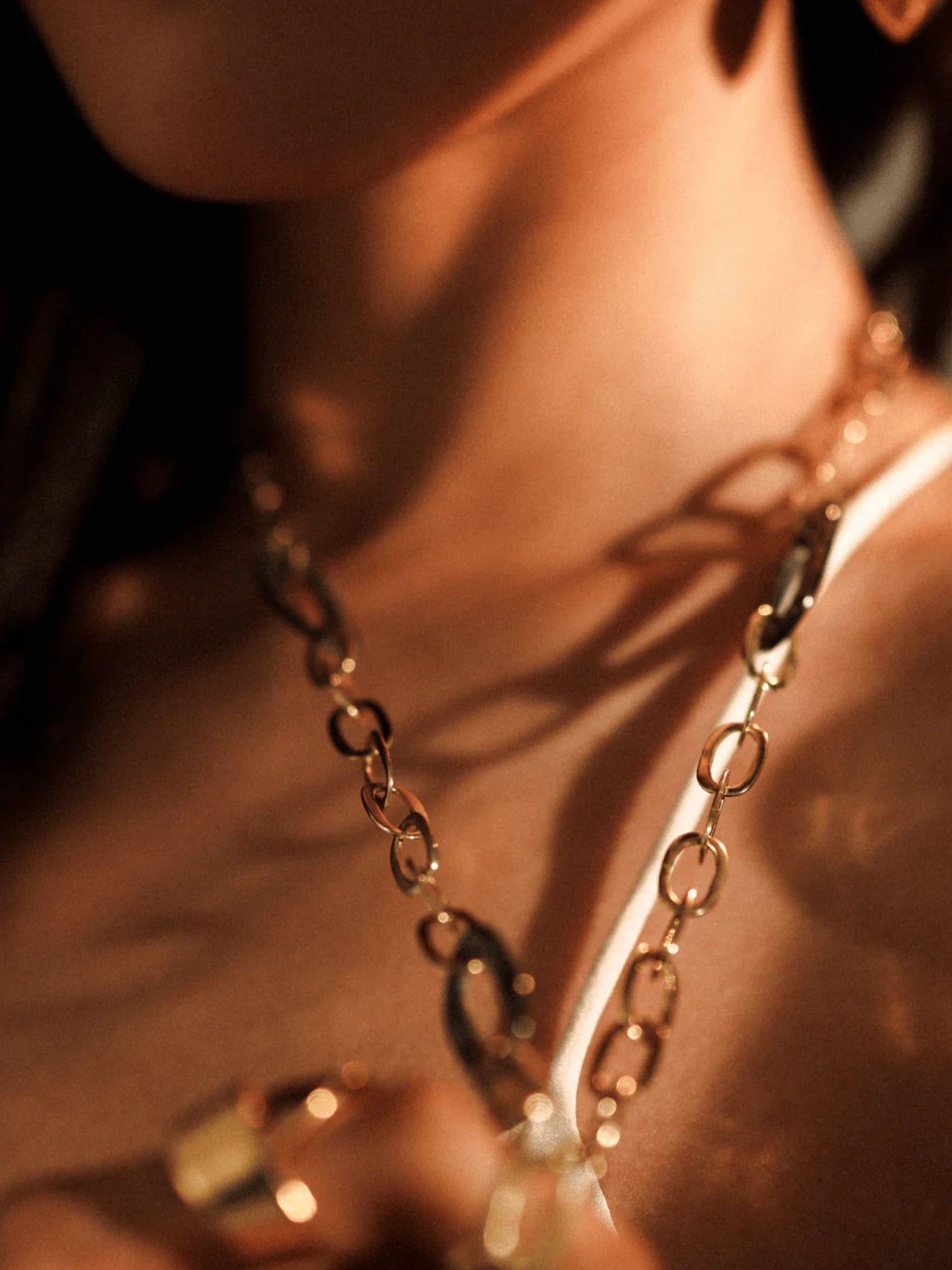 Gold abalone link chain necklace layered on model's collarbone in warm light