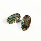 Close-up of pair of natural abalone oval stud earrings on white background