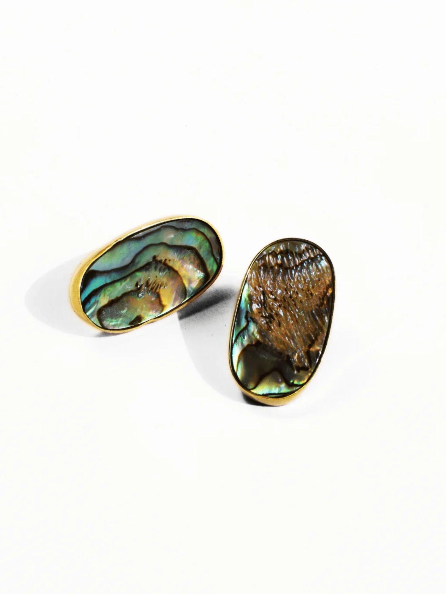 Close-up of pair of natural abalone oval stud earrings on white background