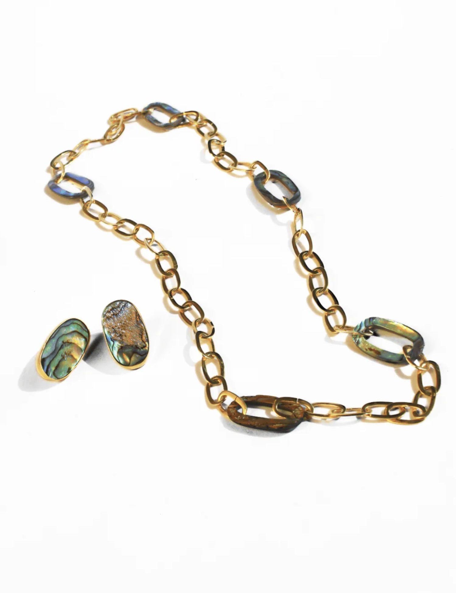 Gold link chain necklace with abalone stone set and small earrings on white