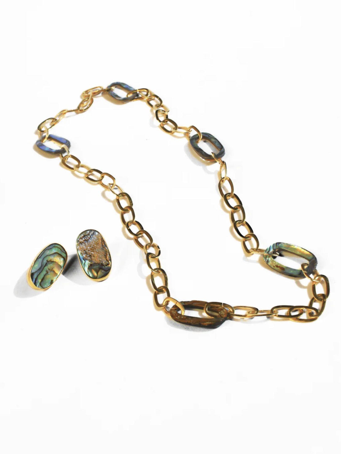 Gold link chain necklace with abalone stone set and small earrings on white
