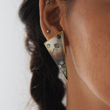 Mosaic abalone statement earrings in 24k gold worn in profile close-up