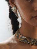 Mosaic earrings and necklace set worn together in warm profile editorial, full abalone detail visible.
