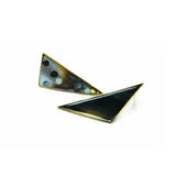 Triangular Mosaic statement earrings with abalone and mother of pearl on a white background.