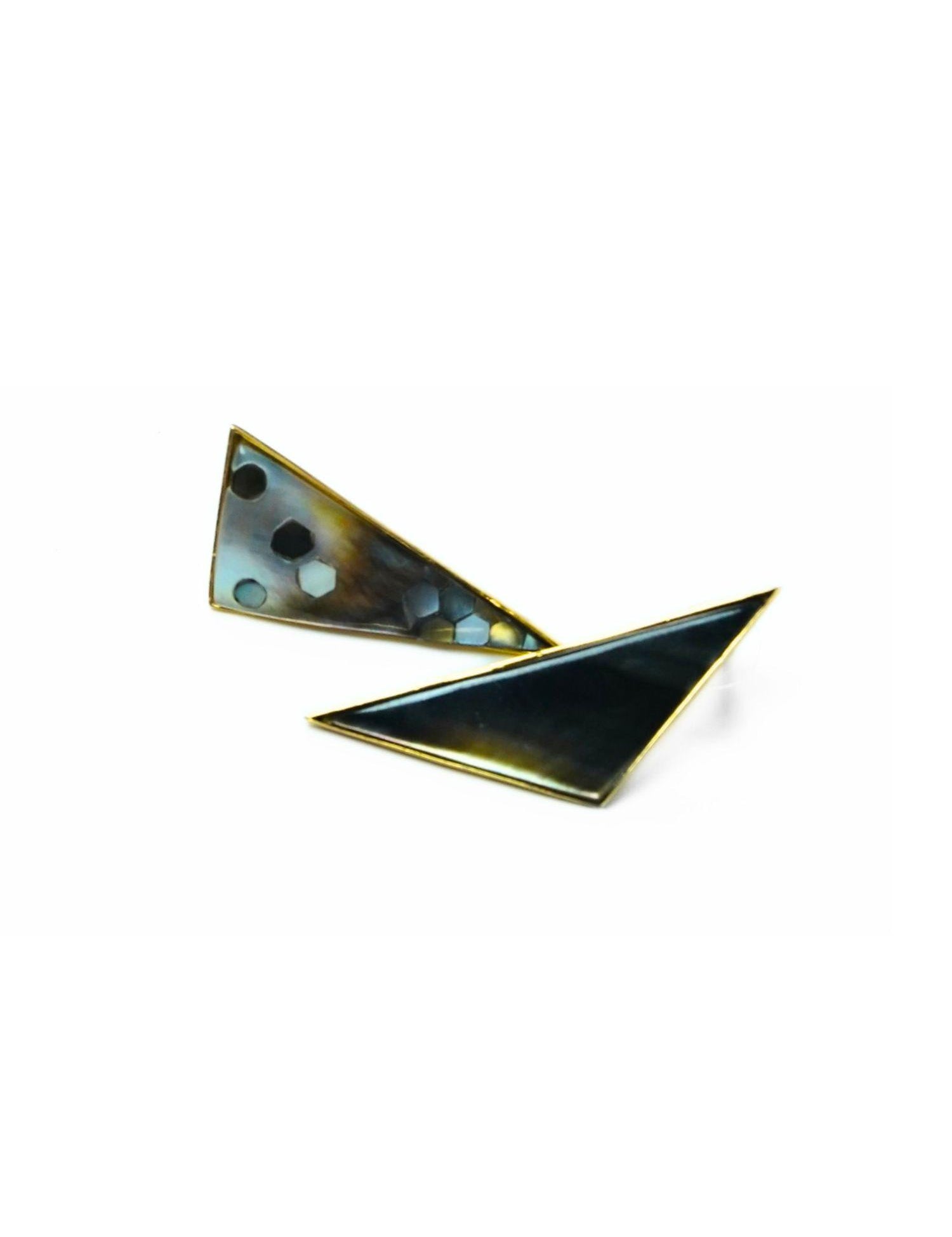Triangular Mosaic statement earrings with abalone and mother of pearl on a white background.