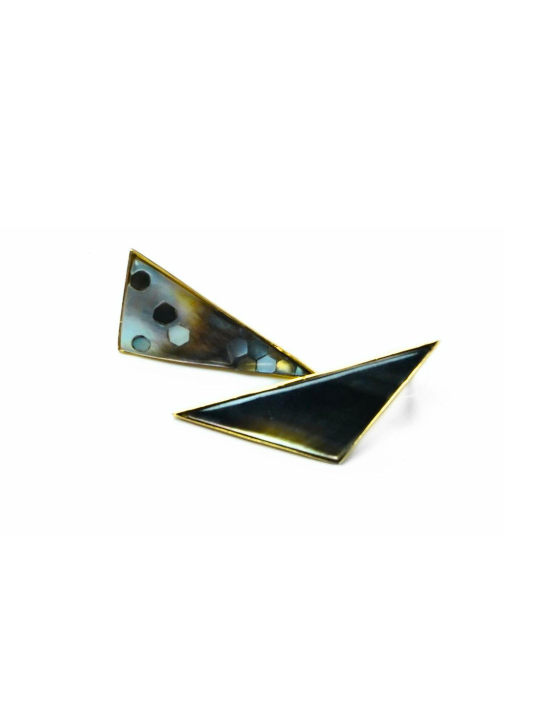 Triangular Mosaic statement earrings with abalone and mother of pearl on a white background.