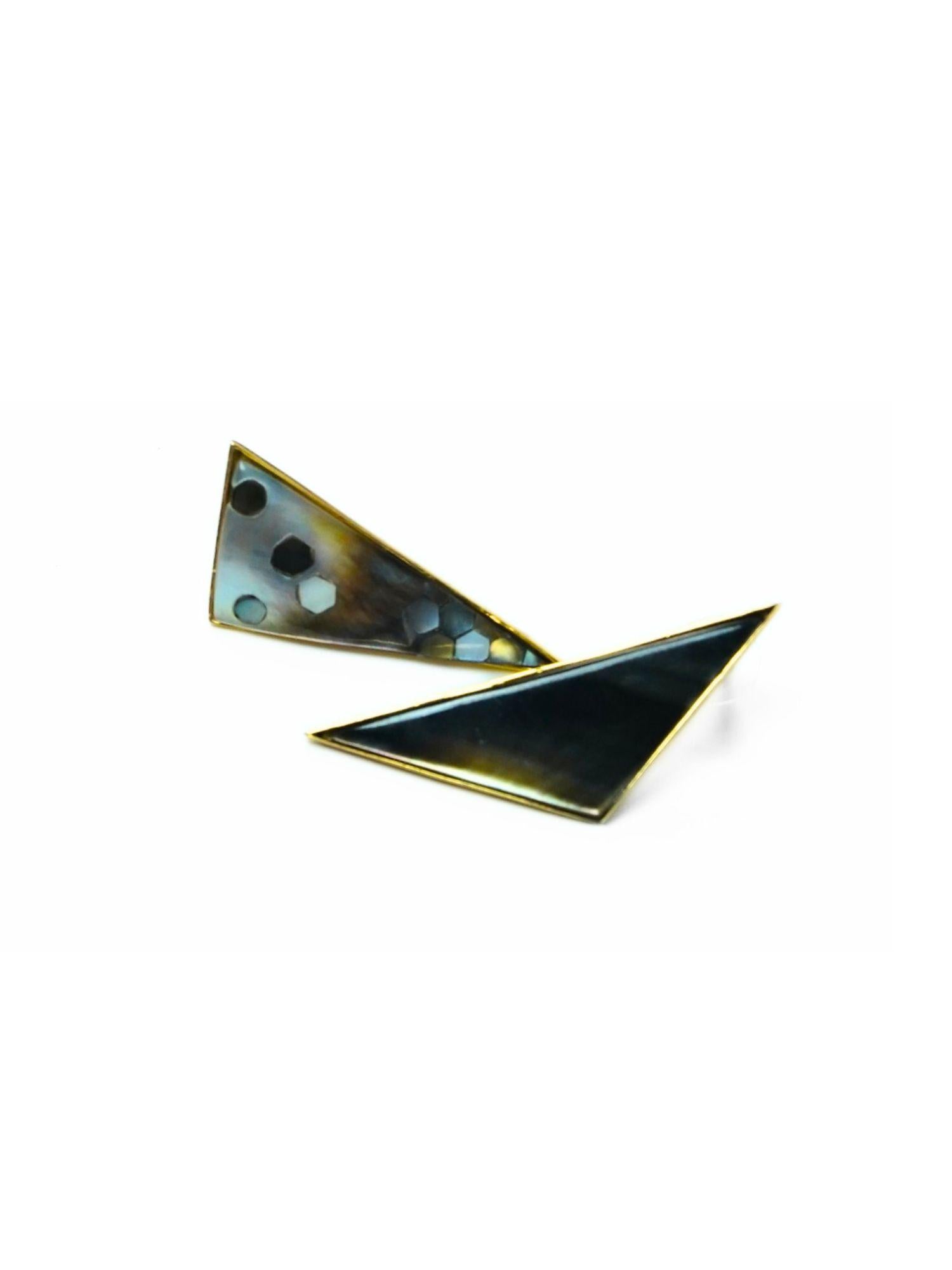 Triangular Mosaic statement earrings with abalone and mother of pearl on a white background.